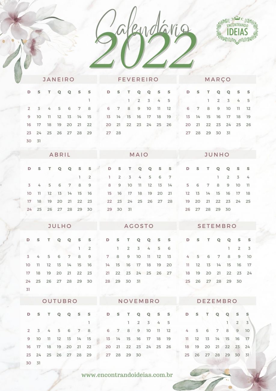 Calendário 2022 para impressão